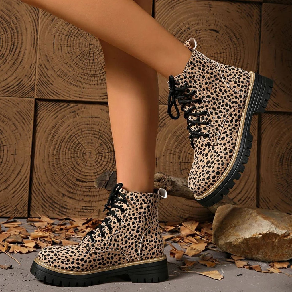 Women's Leopard Print Lace-Up Chunky Platform Ankle Boots
