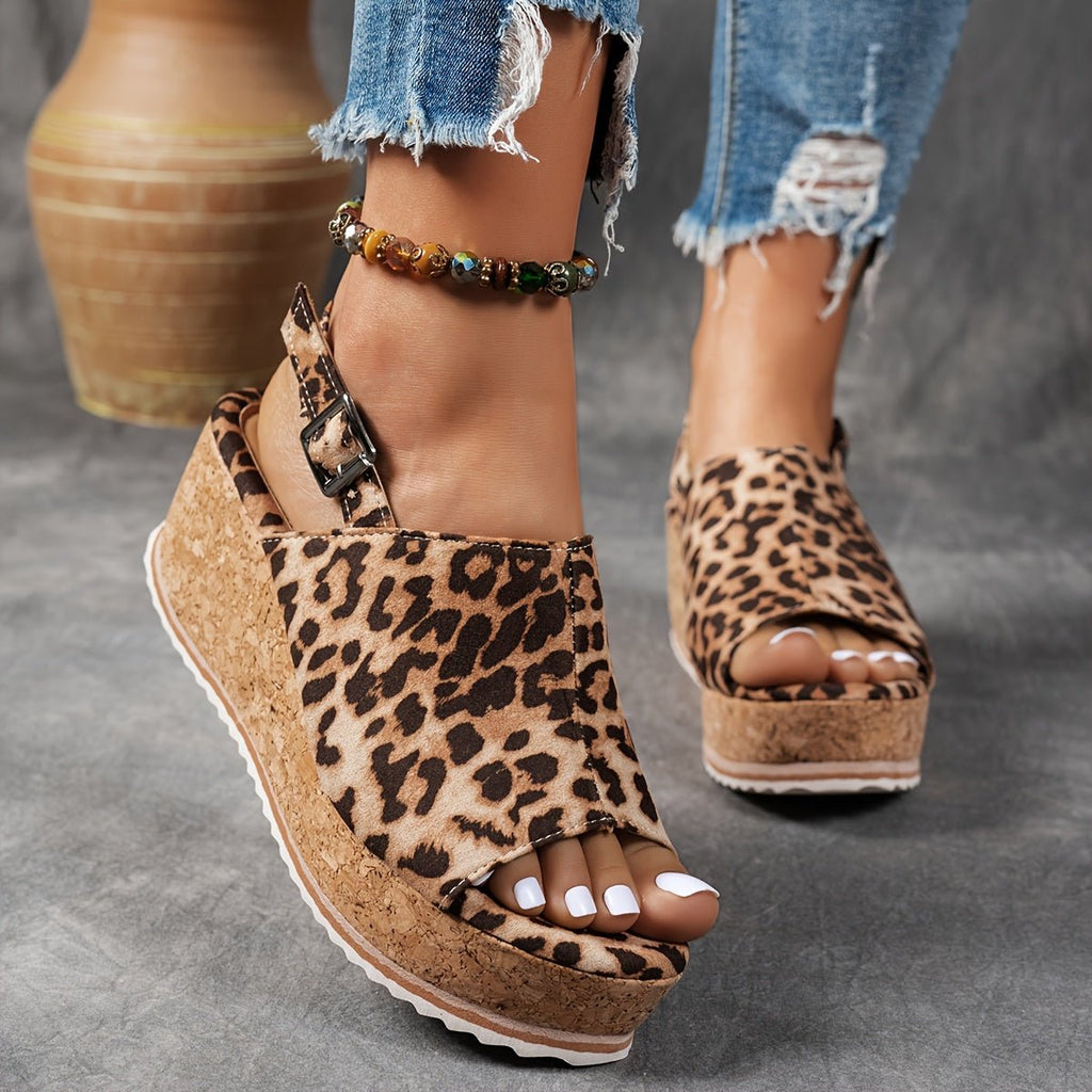 Women's Leopard Print Platform Wedge Comfortable Sandals Buckle Ankle Strap
