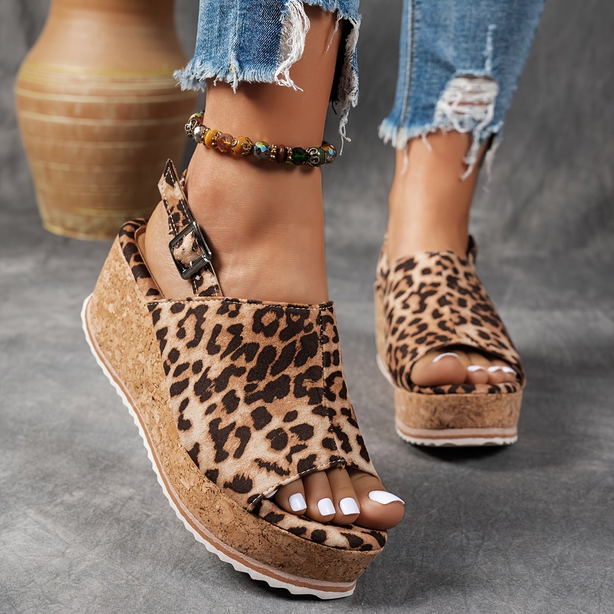 Women's Leopard Print Platform Wedge Comfortable Sandals Buckle Ankle Strap