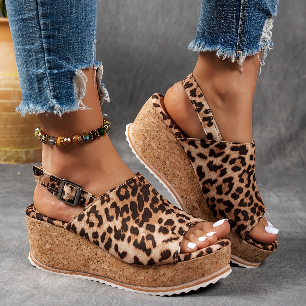 Women's Leopard Print Platform Wedge Comfortable Sandals Buckle Ankle Strap
