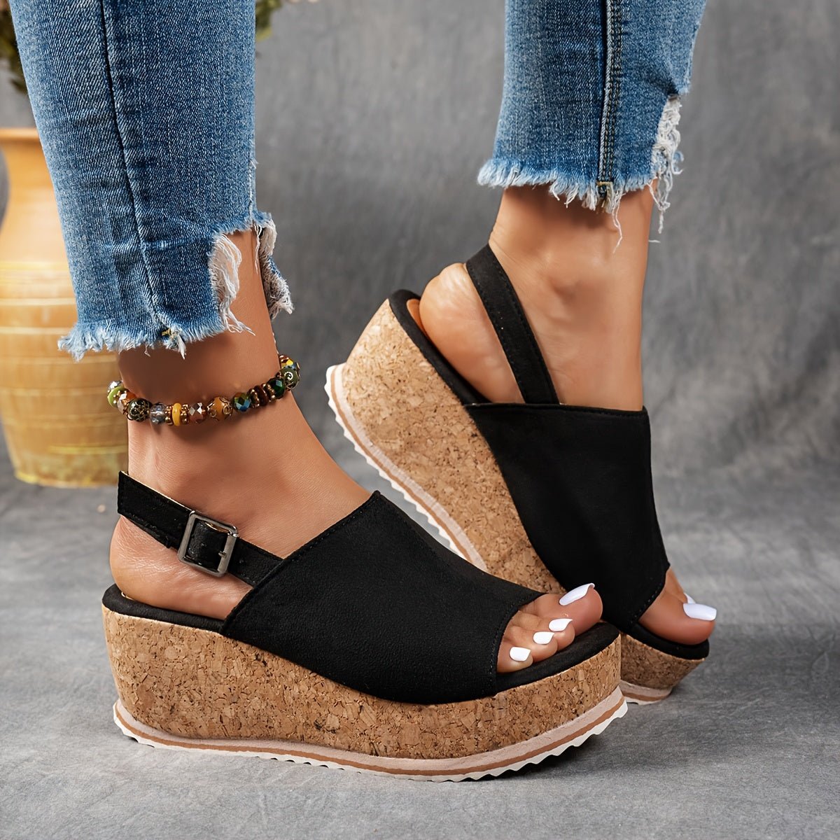 Women's Leopard Print Platform Wedge Comfortable Sandals Buckle Ankle Strap - Black