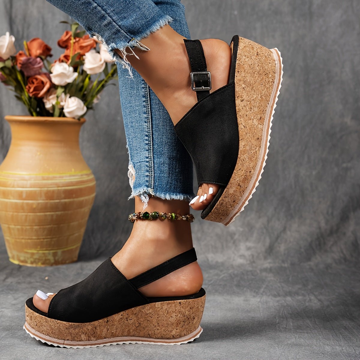 Women's Leopard Print Platform Wedge Comfortable Sandals Buckle Ankle Strap