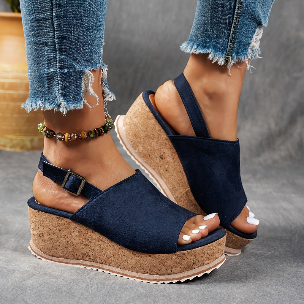 Women's Leopard Print Platform Wedge Comfortable Sandals Buckle Ankle Strap - Navy Blue
