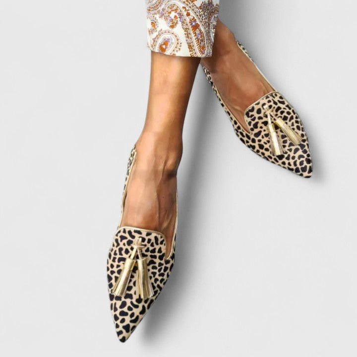 Women's Leopard Print Pointed-Toe Tassel Slip-On Loafer Flats - Gold