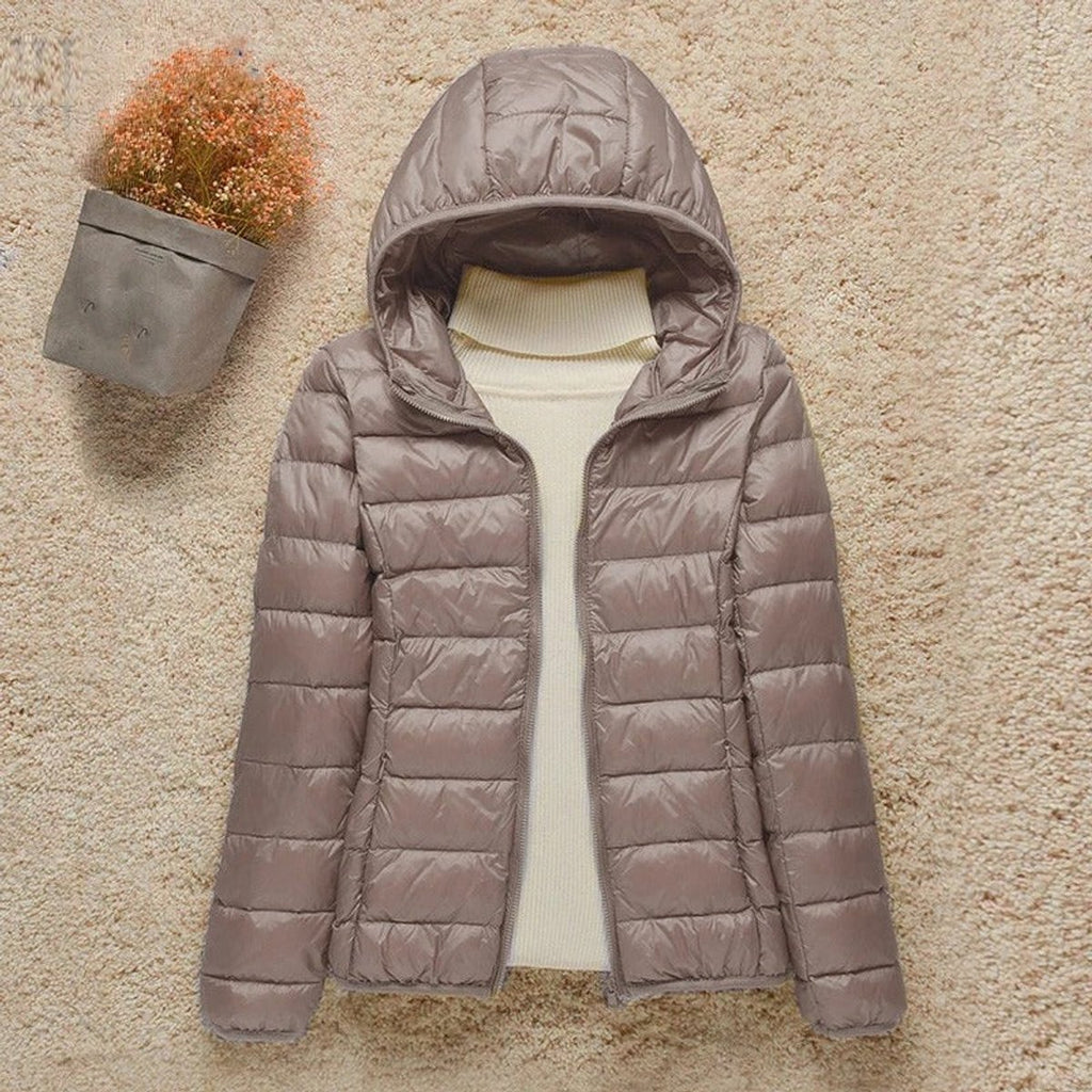 Women's Lightweight Hooded Quilted Jacket Zip-Up Puffer - Taupe