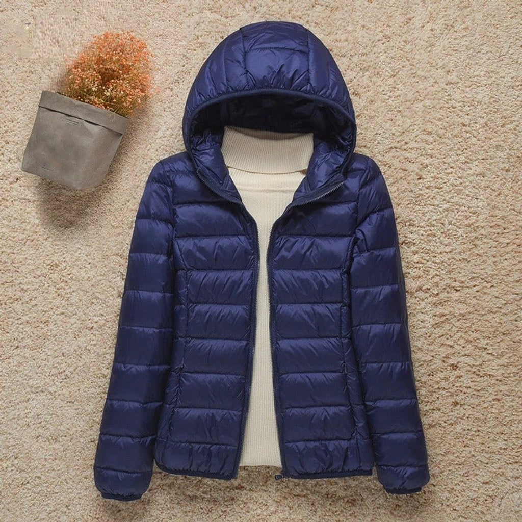 Women's Lightweight Hooded Quilted Jacket Zip-Up Puffer - Navy Blue