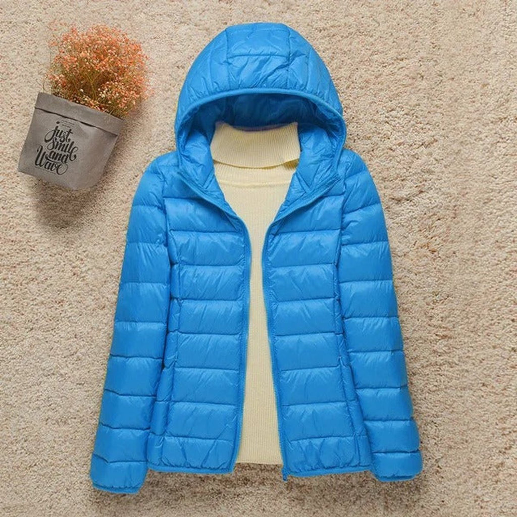 Women's Lightweight Hooded Quilted Jacket Zip-Up Puffer - Light Blue