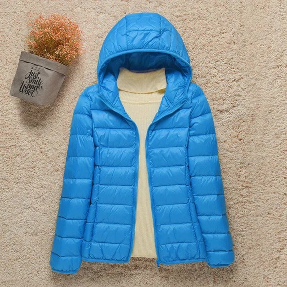 Women's Lightweight Hooded Quilted Jacket Zip-Up Puffer - Light Blue