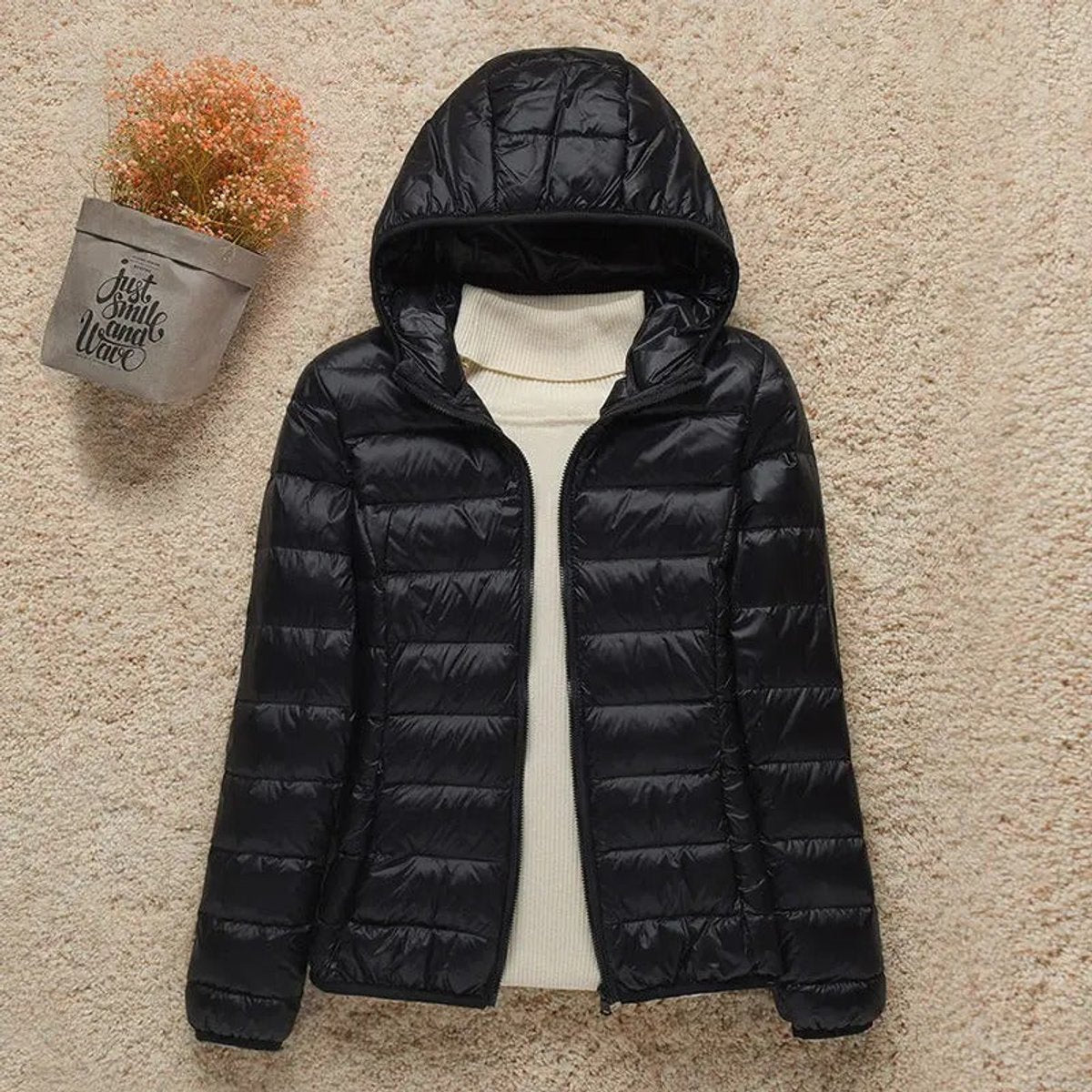 Women's Lightweight Hooded Quilted Jacket Zip-Up Puffer - Black