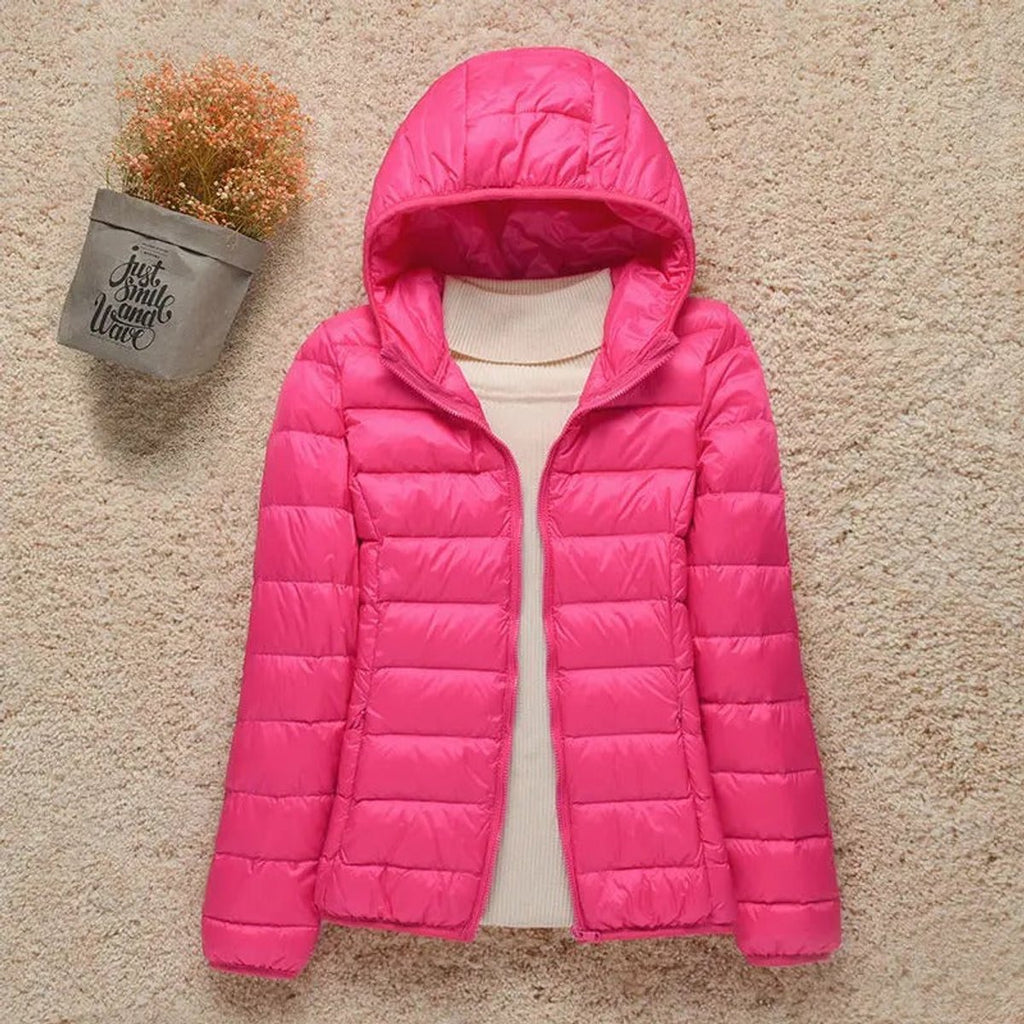 Women's Lightweight Hooded Quilted Jacket Zip-Up Puffer - Fuchsia