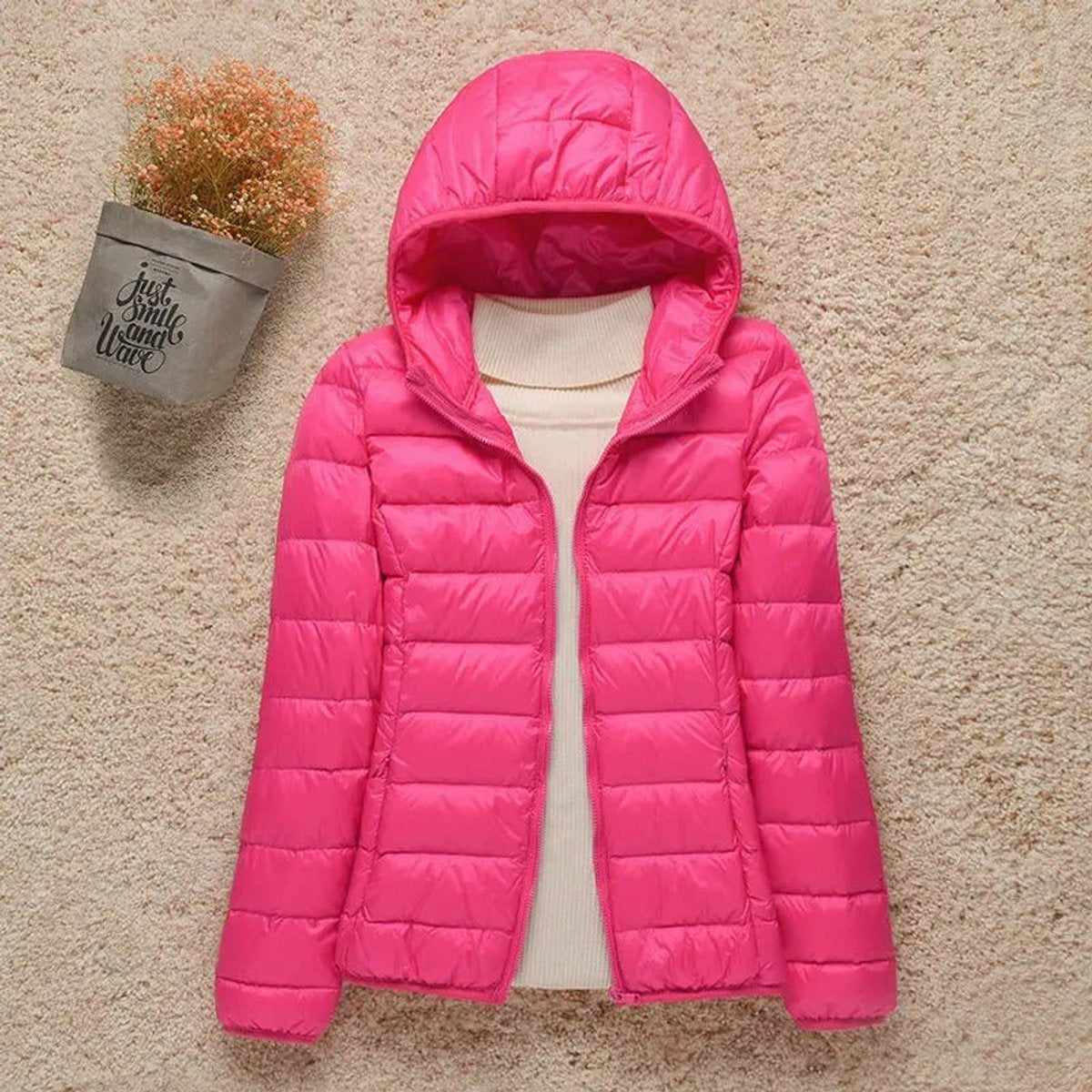 Women's Lightweight Hooded Quilted Jacket Zip-Up Puffer - Fuchsia