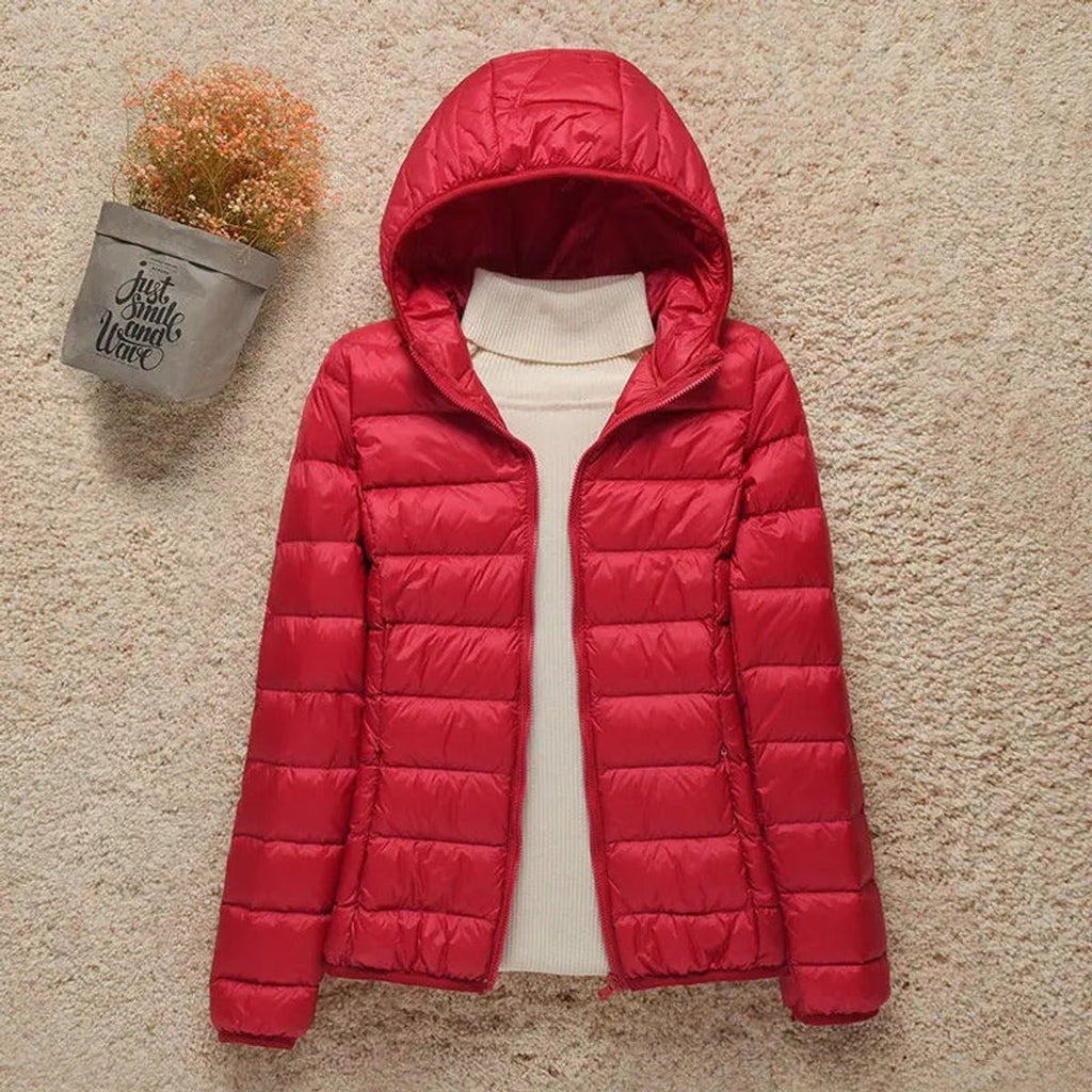 Women's Lightweight Hooded Quilted Jacket Zip-Up Puffer - Red
