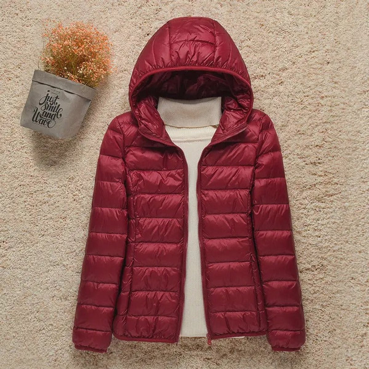 Women's Lightweight Hooded Quilted Jacket Zip-Up Puffer - Burgundy