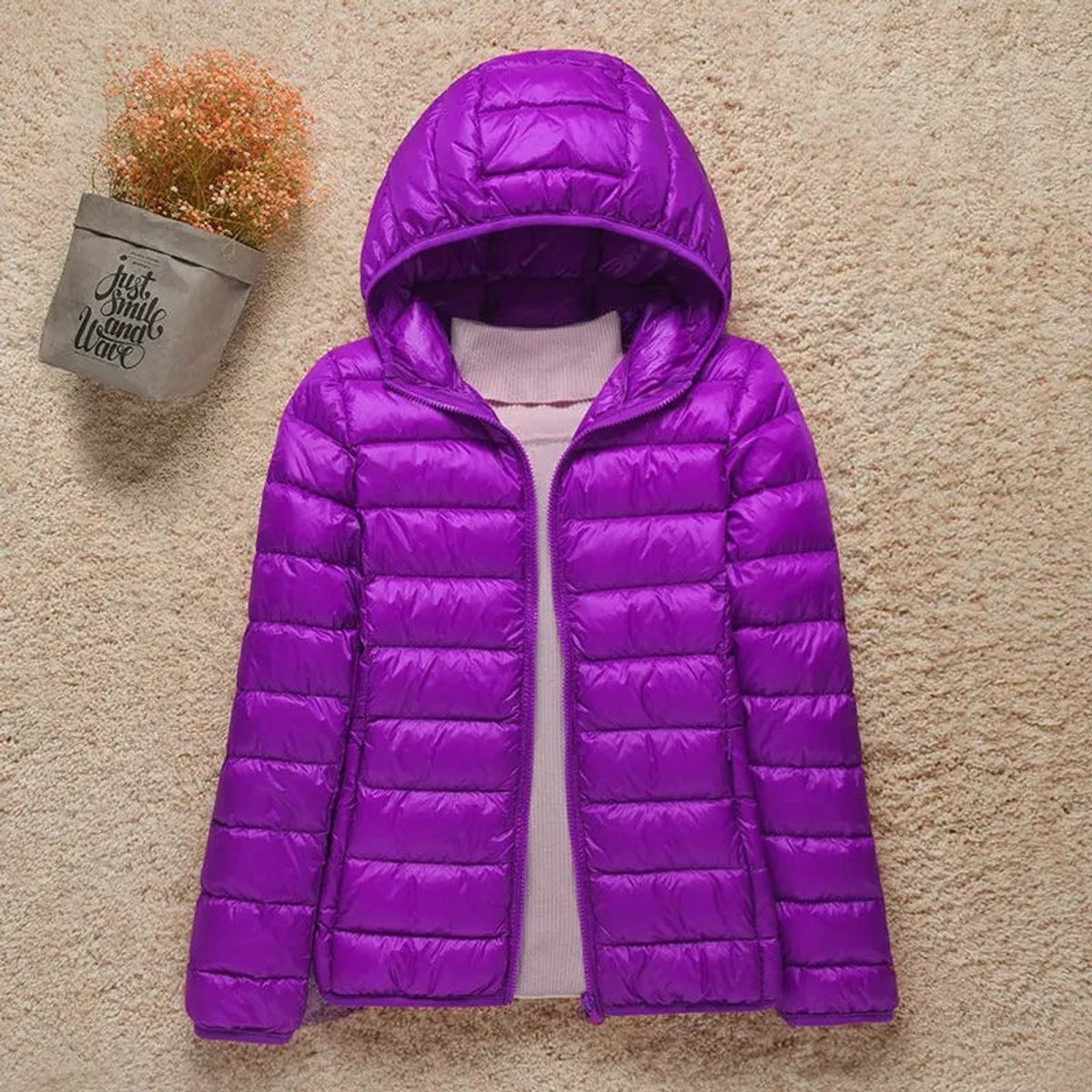 Women's Lightweight Hooded Quilted Jacket Zip-Up Puffer - Lilac