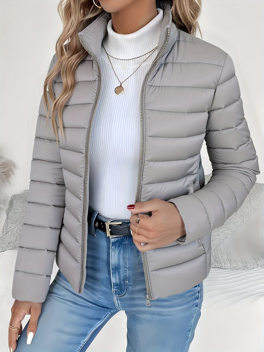 Women's Lightweight Quilted Puffer Coat Stand Collar Zip-Up Jacket - Gray