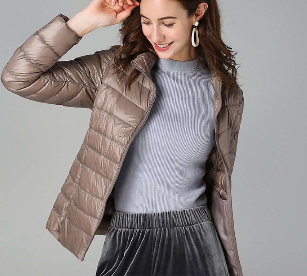 Women's Lightweight Quilted Puffer Coat Stand Collar Zip-Up Jacket - Khaki