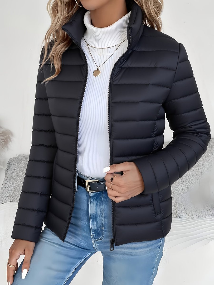 Women's Lightweight Quilted Puffer Coat Stand Collar Zip-Up Jacket - Black