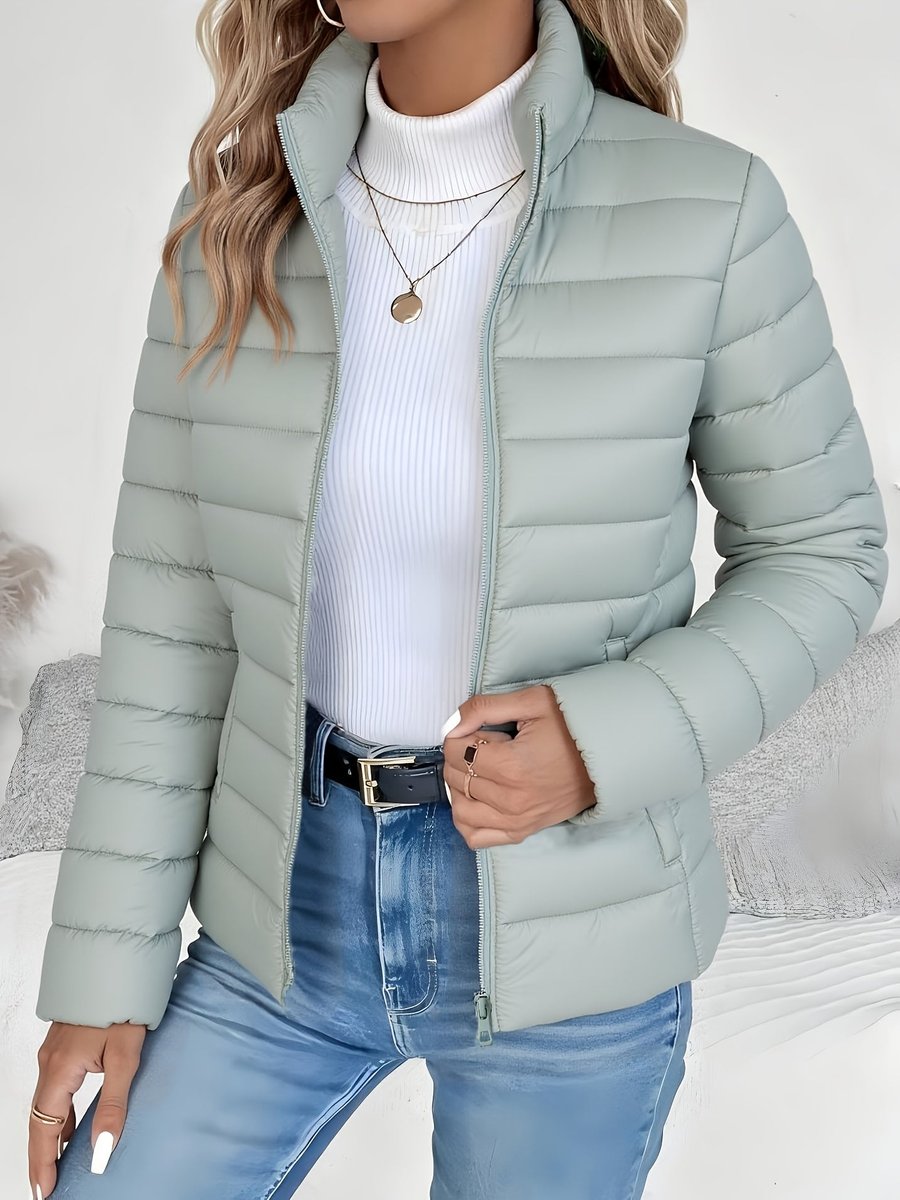 Women's Lightweight Quilted Puffer Coat Stand Collar Zip-Up Jacket - Light Green