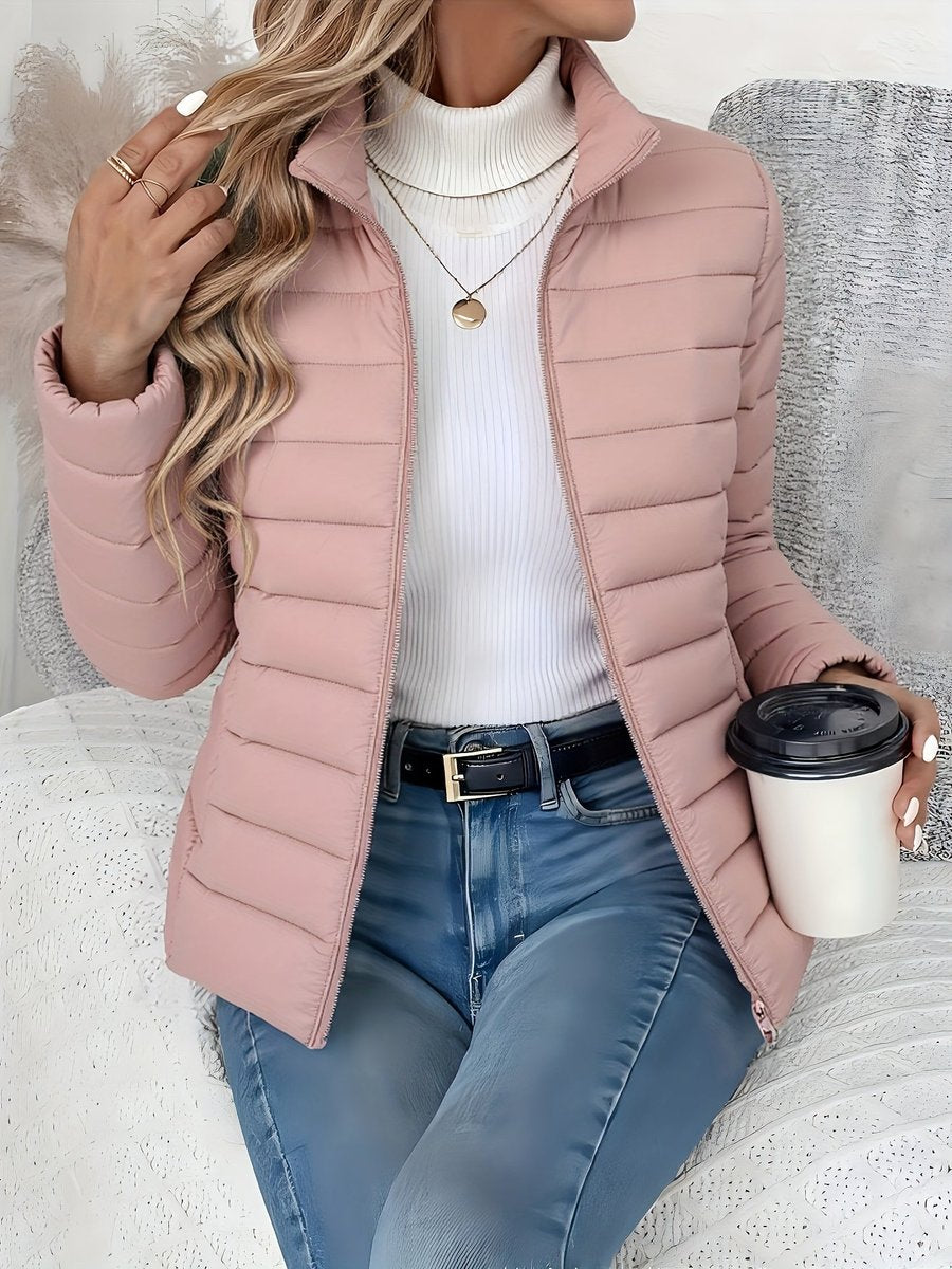 Women's Lightweight Quilted Puffer Coat Stand Collar Zip-Up Jacket - Pink