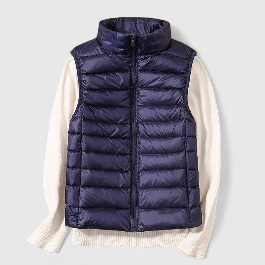 Women's Lightweight Quilted Puffer Vest Sleeveless Stand Collar - Navy Blue