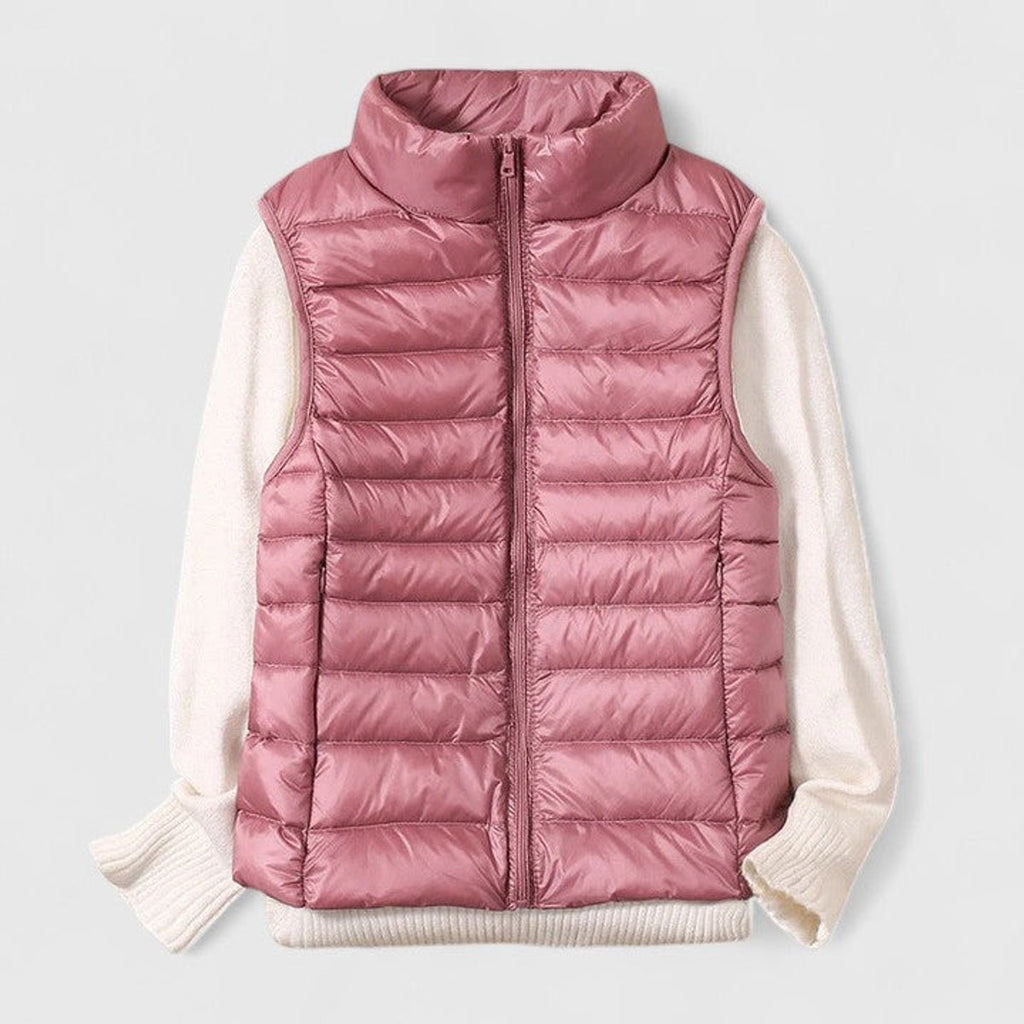 Women's Lightweight Quilted Puffer Vest Sleeveless Stand Collar - Pink