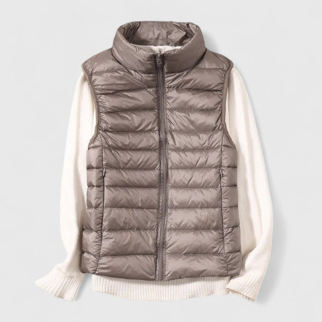Women's Lightweight Quilted Puffer Vest Sleeveless Stand Collar - Khaki