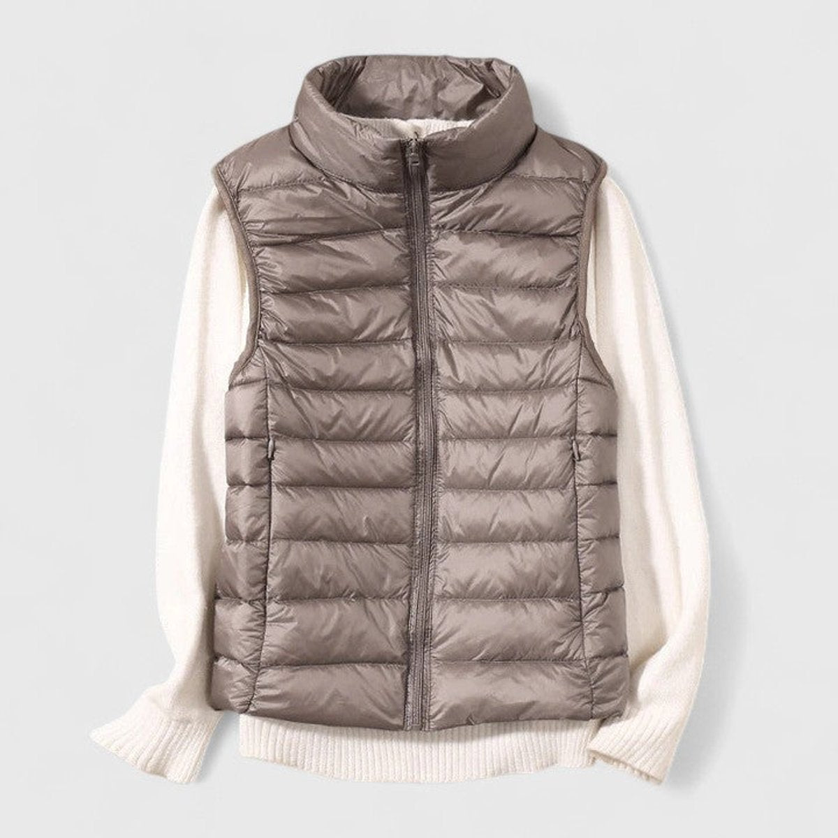 Women's Lightweight Quilted Puffer Vest Sleeveless Stand Collar - Khaki