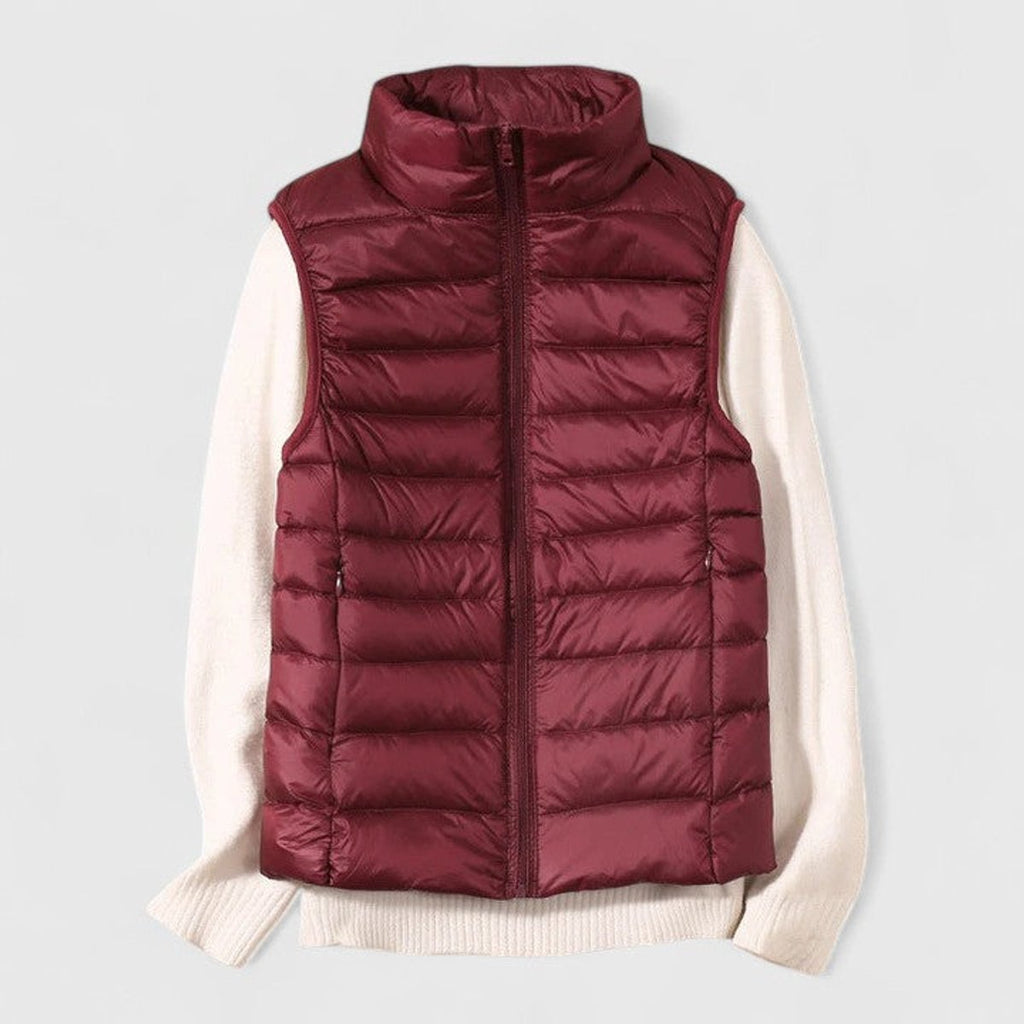 Women's Lightweight Quilted Puffer Vest Sleeveless Stand Collar - Burgundy