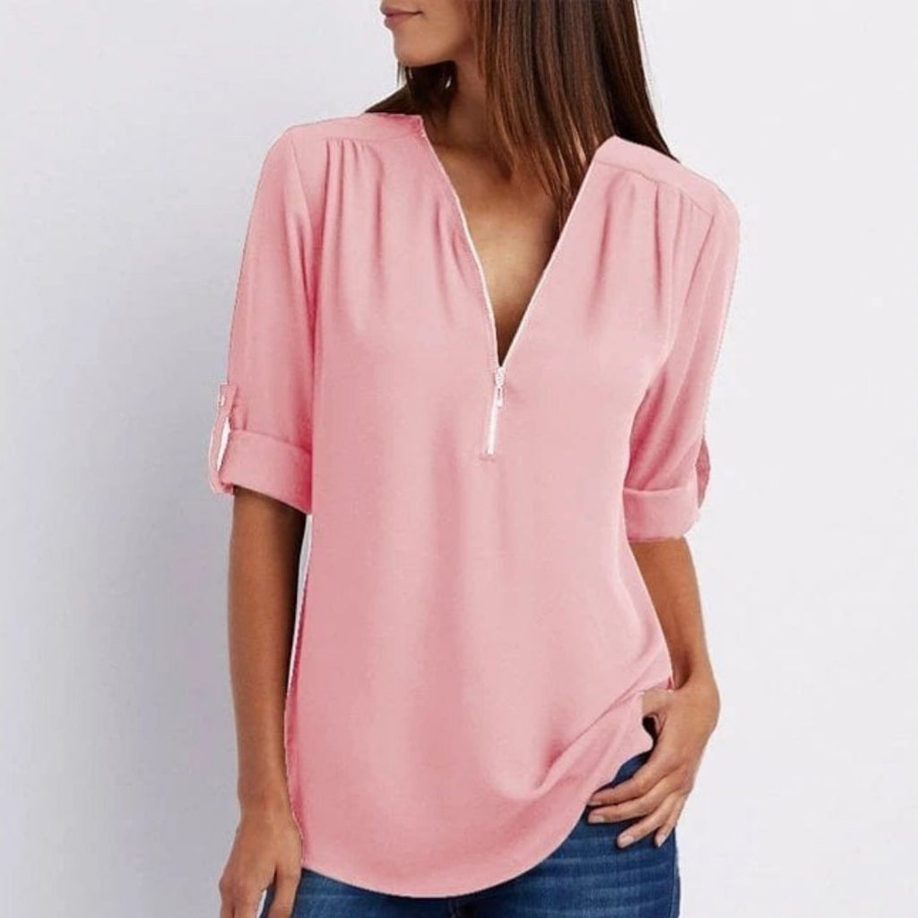 Women's Lightweight Zip-Front V-Neck Roll-Sleeve Blouse - Pink