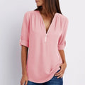 Women's Lightweight Zip-Front V-Neck Roll-Sleeve Blouse - Pink