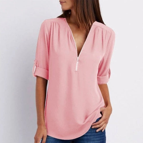 Women's Lightweight Zip-Front V-Neck Roll-Sleeve Blouse - Pink