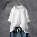 Women's Linen Button Down Shirt Ruffle Sleeves Relaxed Fit - White