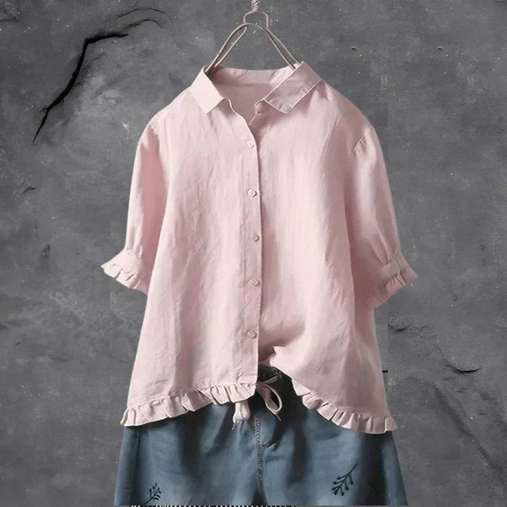 Women's Linen Button Down Shirt Ruffle Sleeves Relaxed Fit - Light Pink