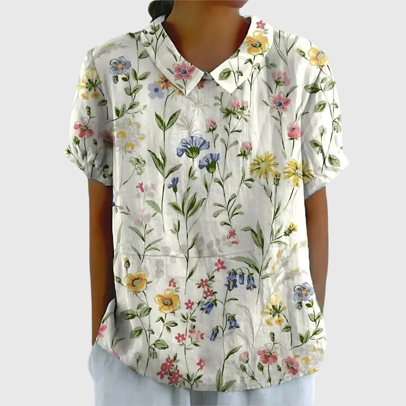 Women's Linen Floral Print Short-Sleeve Peter Pan Collar Blouse - White