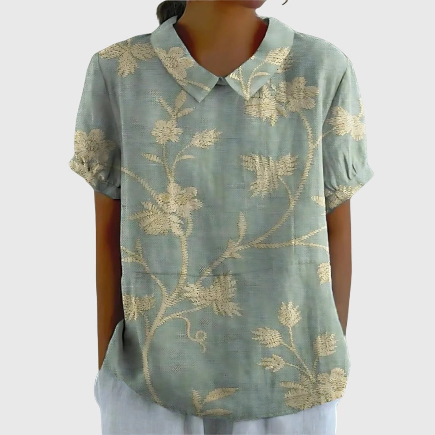 Women's Linen Floral Print Short-Sleeve Peter Pan Collar Blouse - Sage Green 3