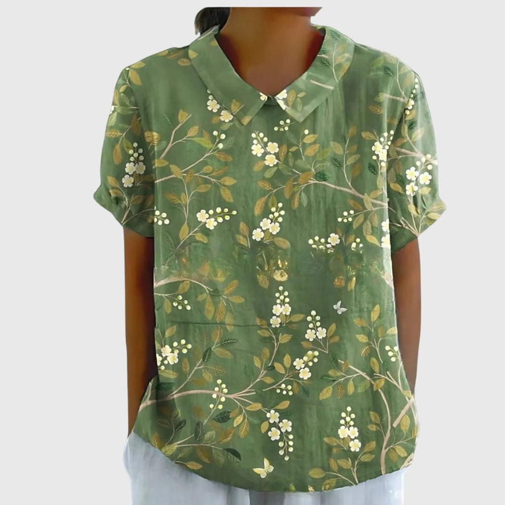 Women's Linen Floral Print Short-Sleeve Peter Pan Collar Blouse - Green