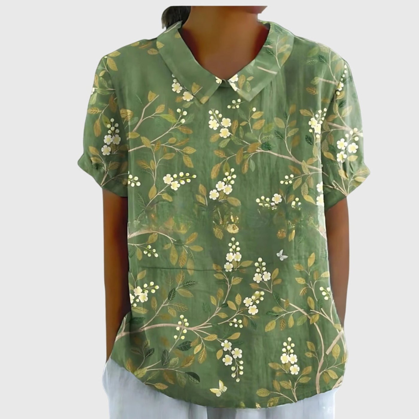 Women's Linen Floral Print Short-Sleeve Peter Pan Collar Blouse - Green
