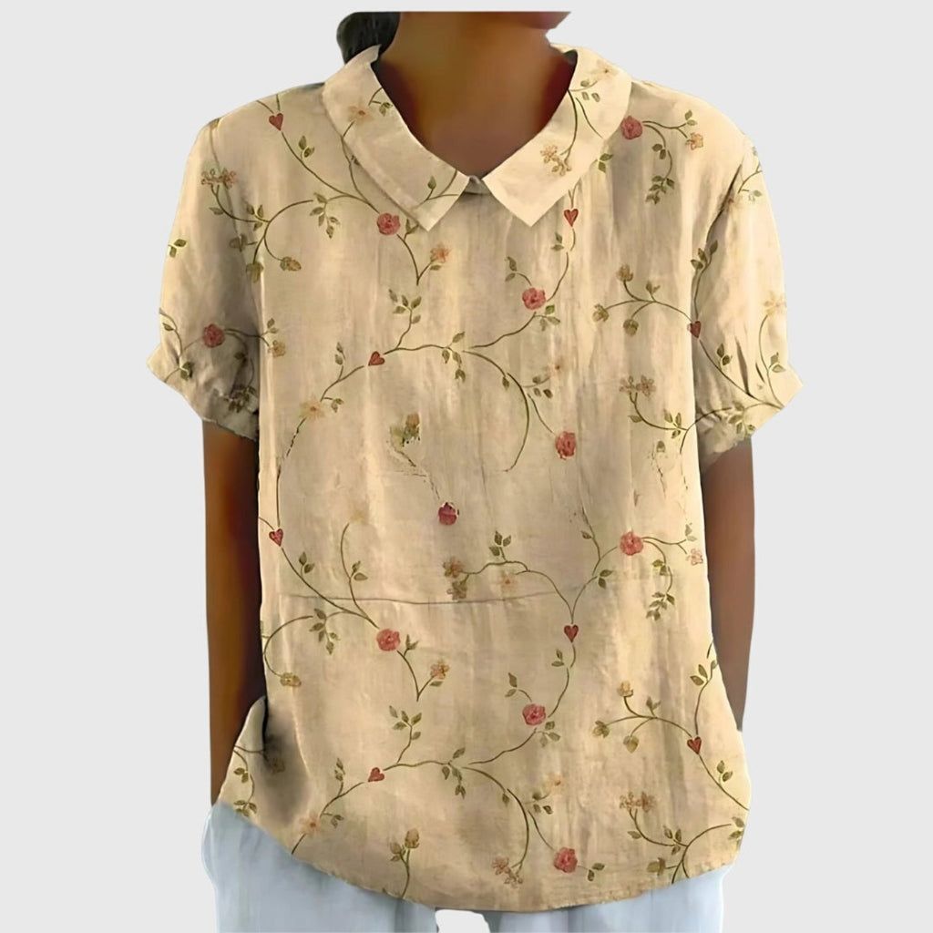 Women's Linen Floral Print Short-Sleeve Peter Pan Collar Blouse - Light Yellow