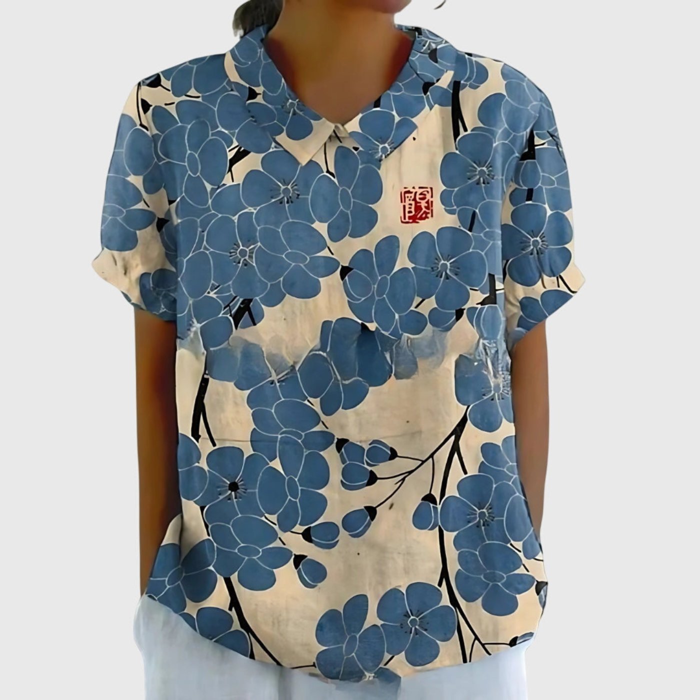 Women's Linen Floral Print Short-Sleeve Peter Pan Collar Blouse - Dusty Blue
