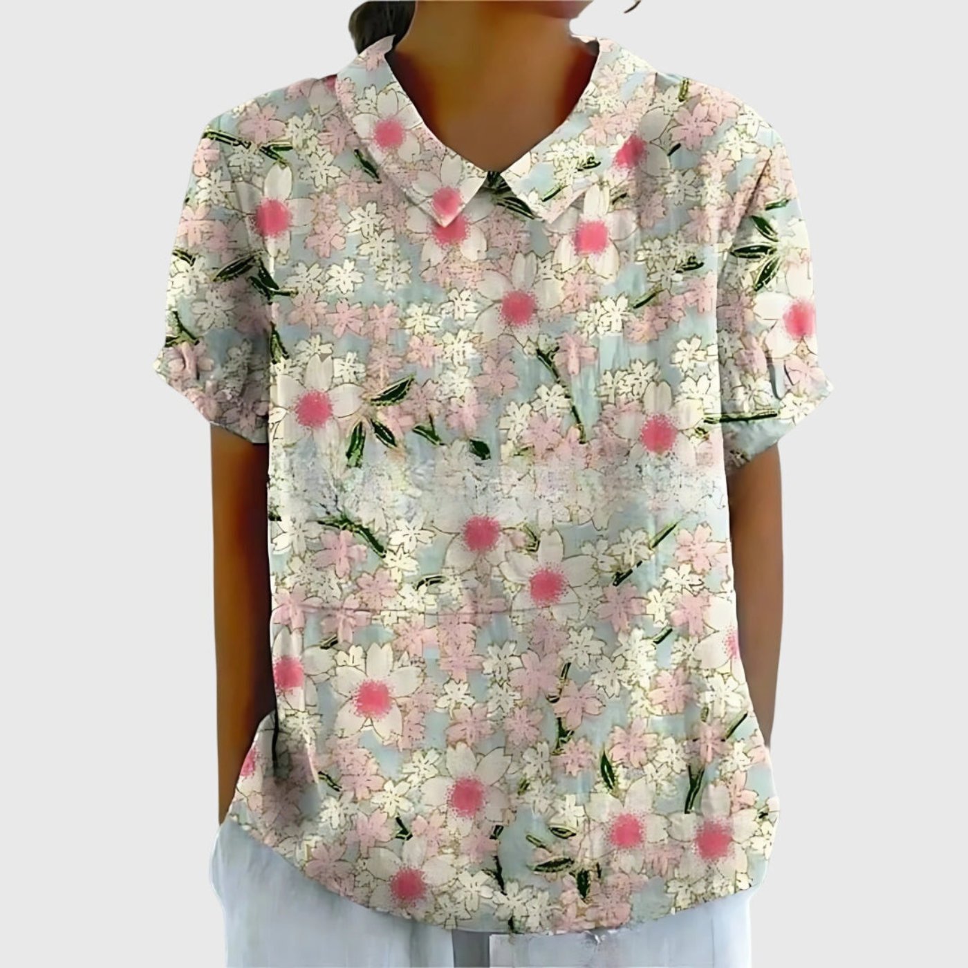 Women's Linen Floral Print Short-Sleeve Peter Pan Collar Blouse - White 2