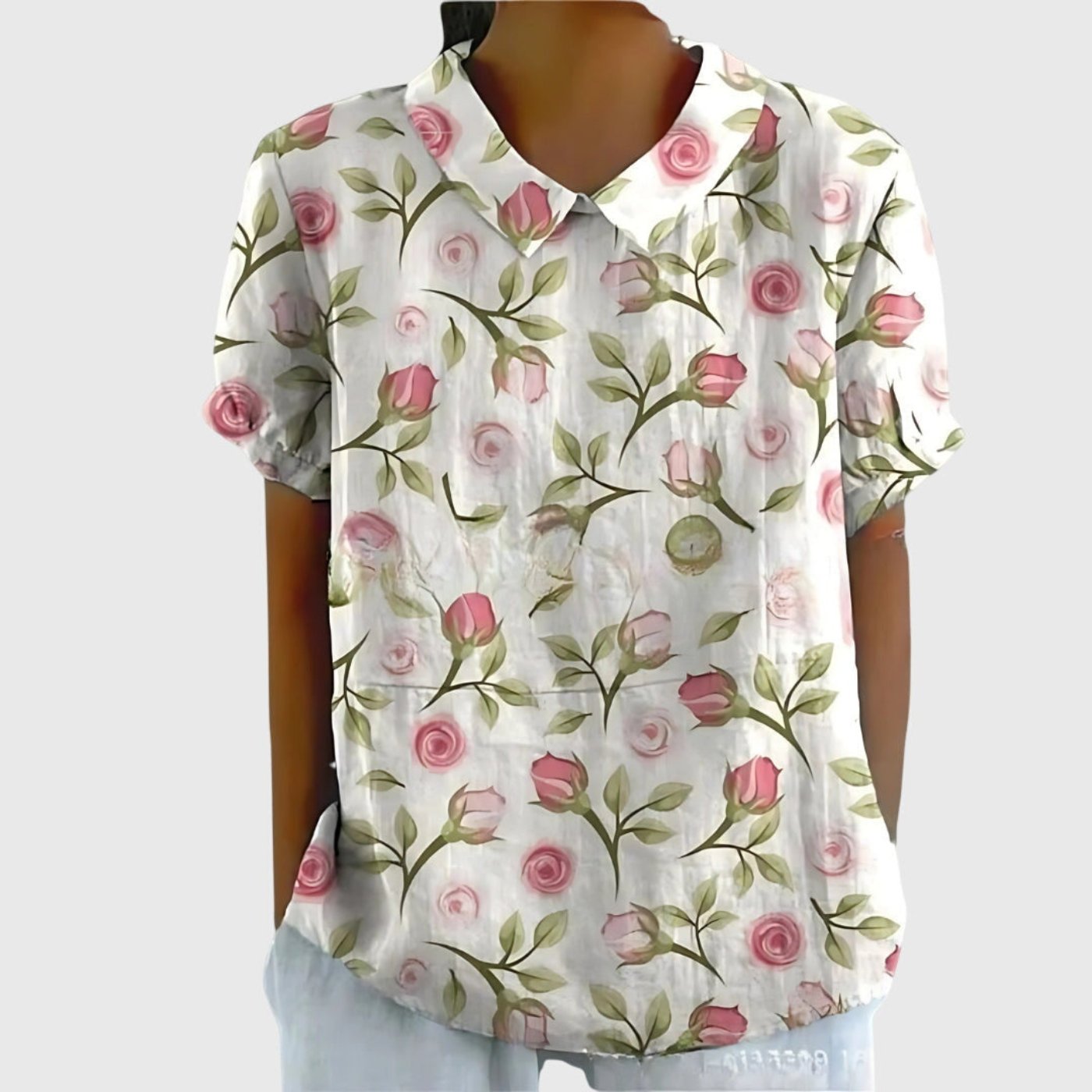 Women's Linen Floral Print Short-Sleeve Peter Pan Collar Blouse - White 3