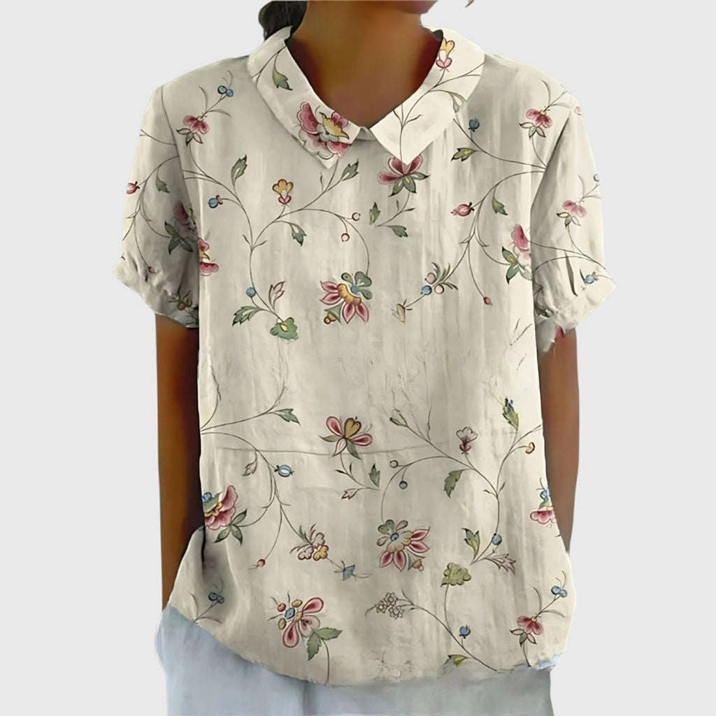 Women's Linen Floral Print Short-Sleeve Peter Pan Collar Blouse - White 4