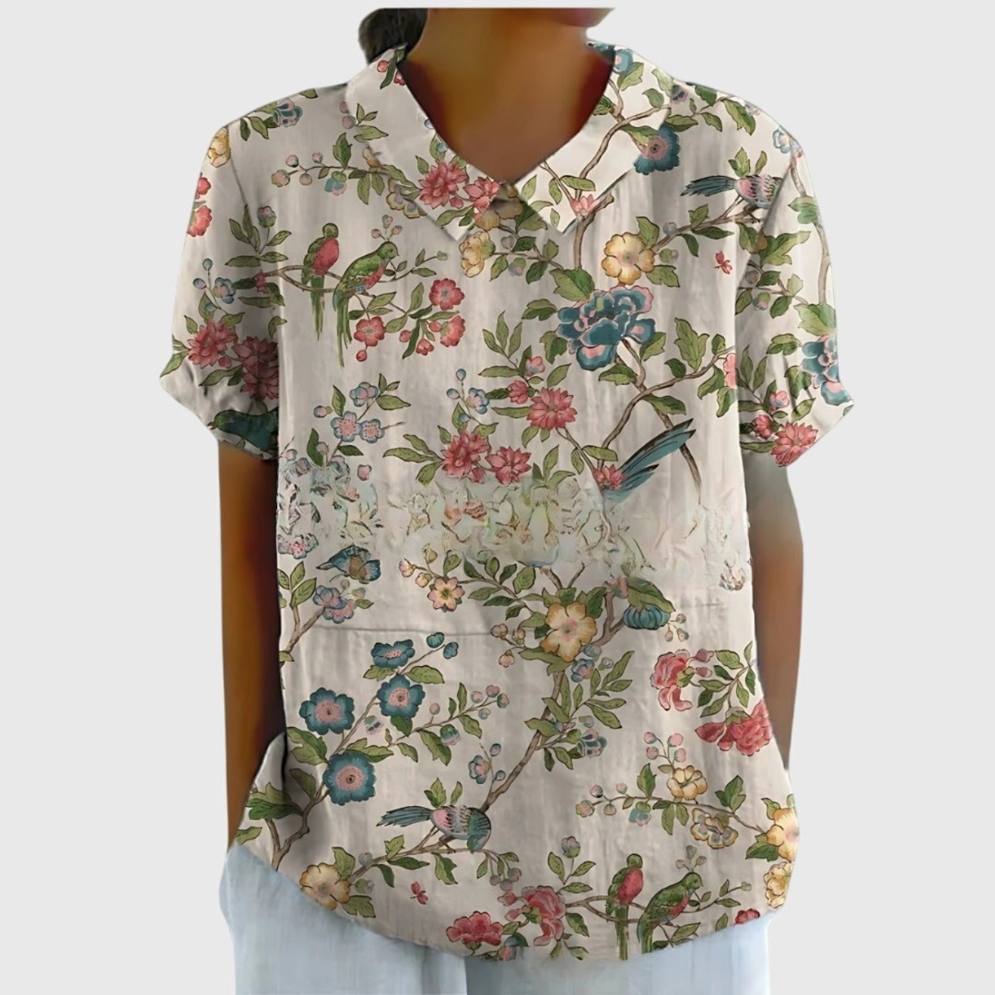 Women's Linen Floral Print Short-Sleeve Peter Pan Collar Blouse - White 5
