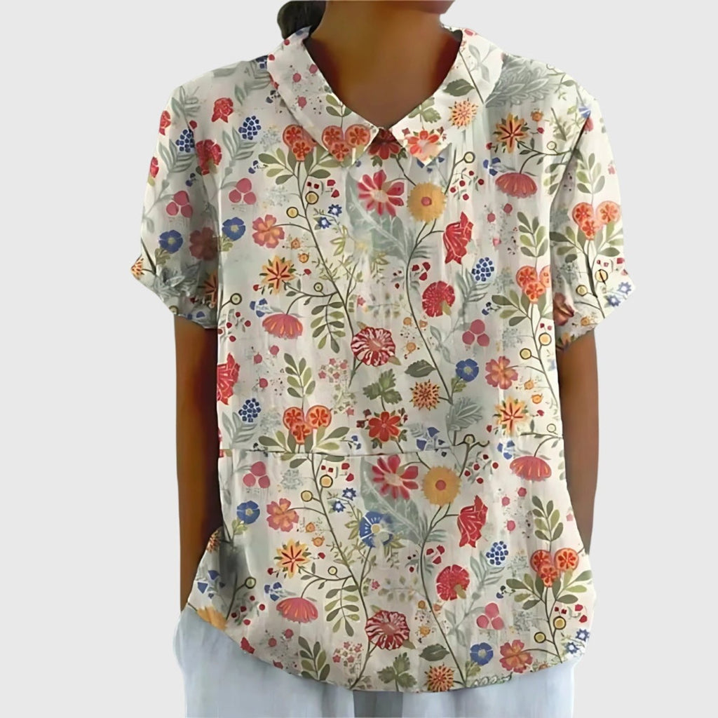 Women's Linen Floral Print Short-Sleeve Peter Pan Collar Blouse - White 6