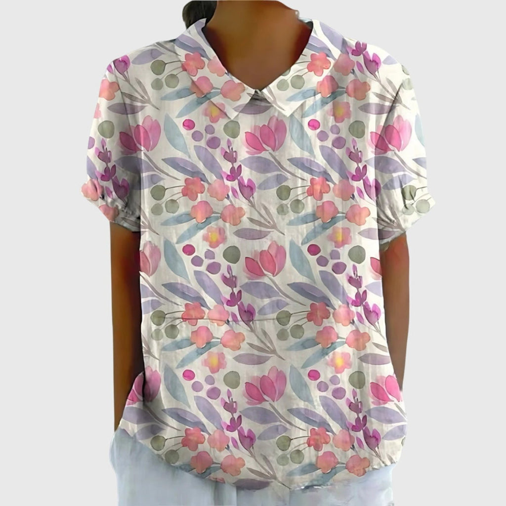 Women's Linen Floral Print Short-Sleeve Peter Pan Collar Blouse - White 7