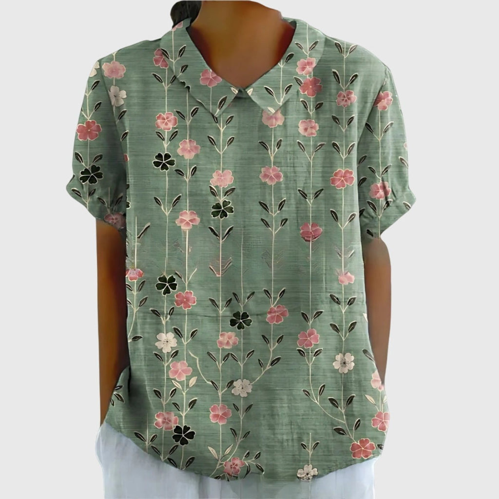 Women's Linen Floral Print Short-Sleeve Peter Pan Collar Blouse - Sage Green