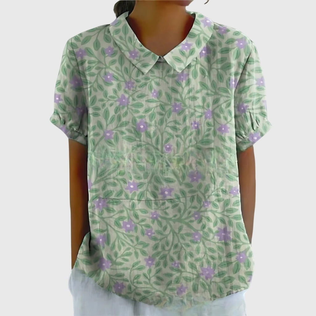 Women's Linen Floral Print Short-Sleeve Peter Pan Collar Blouse - Sage Green 2