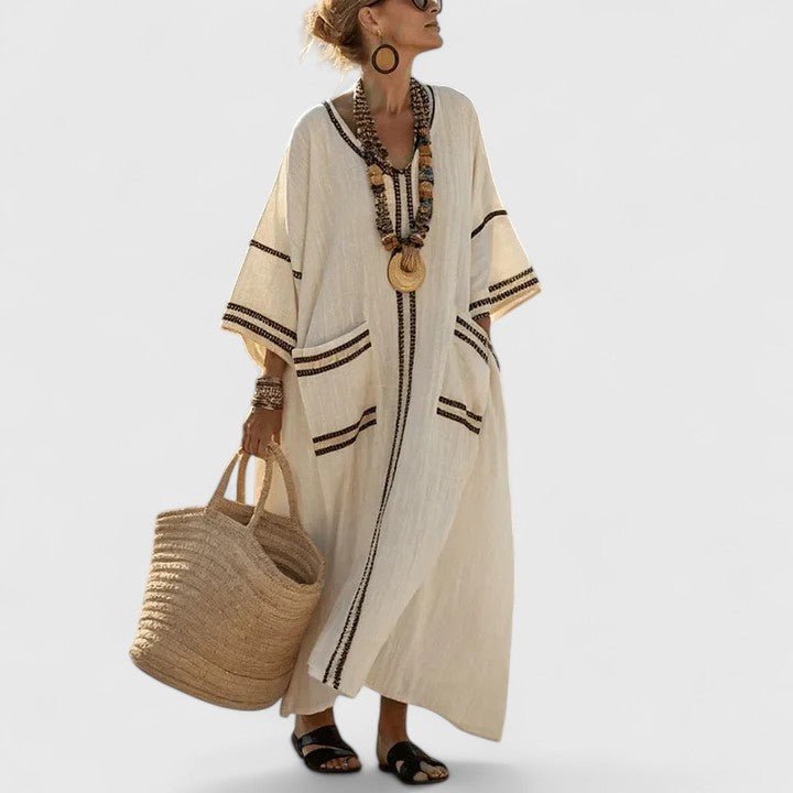 Women's Linen Maxi Dress V-Neck Striped 3/4 Sleeve Pockets - Gray
