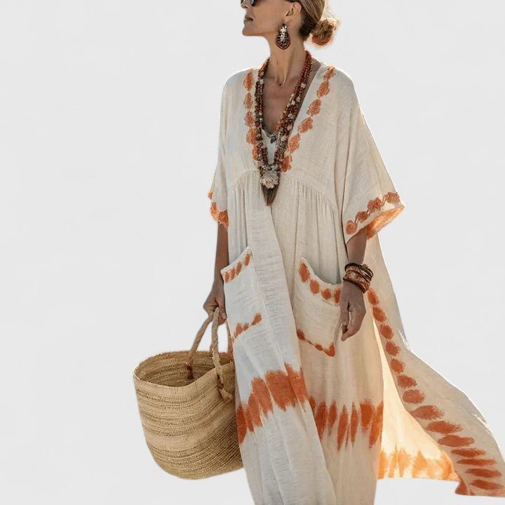 Women's Linen Maxi Dress V-Neck Striped 3/4 Sleeve Pockets - Orange