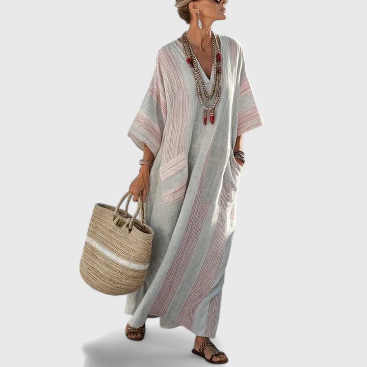 Women's Linen Maxi Dress V-Neck Striped 3/4 Sleeve Pockets